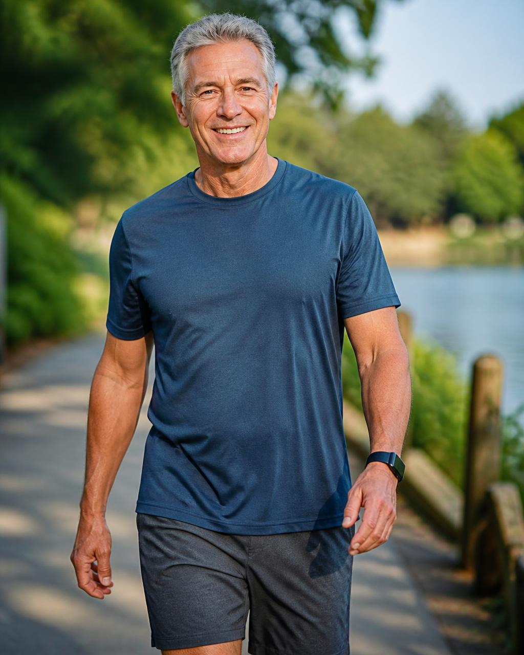 Active man in his sixties walking outdoors feeling comfortable and energized